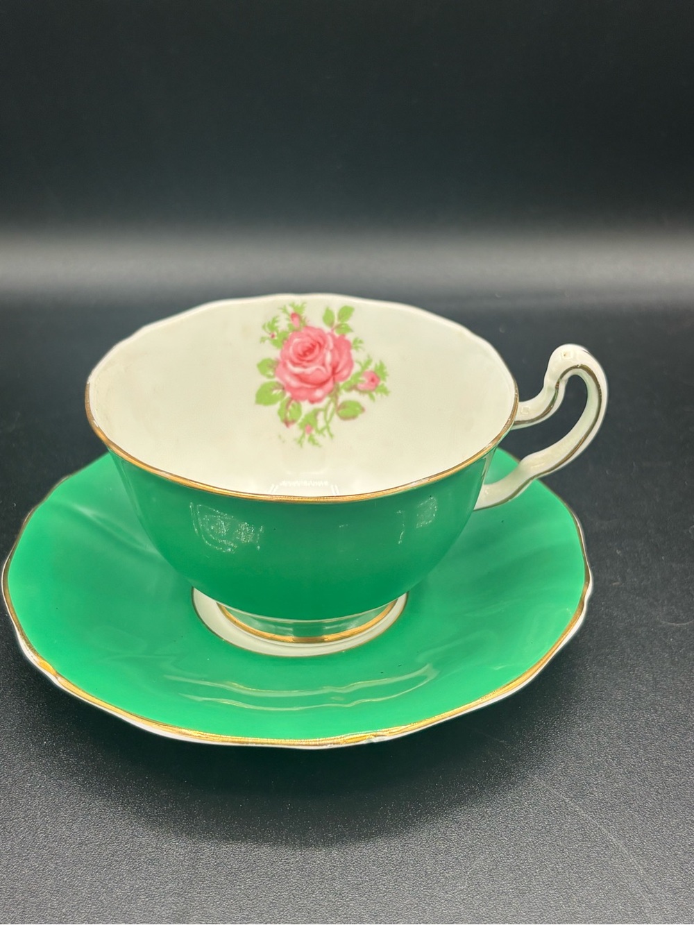 Adderley England TEA TIME Cup And Saucer Pink Cabbage Rose Green Vintage Bright